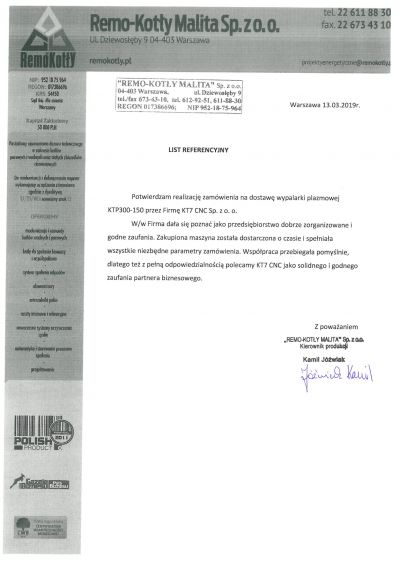 KT7 CNC - list referencyjny RemoKotły